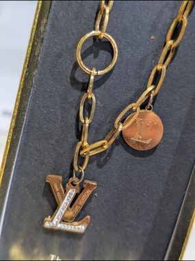Luxury Inspired Gold-tone LV Charm Necklace with Crystal Accents